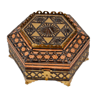 Embossed metal jewellery box, 'Exquisite Hexagon' - Handmade Wood jewellery Box with Tin aluminium & Brass Accents