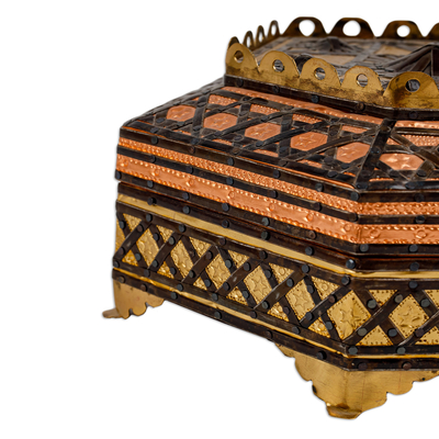 Embossed metal jewelry box, 'Exquisite Hexagon' - Handmade Wood Jewelry Box with Tin Aluminum & Brass Accents