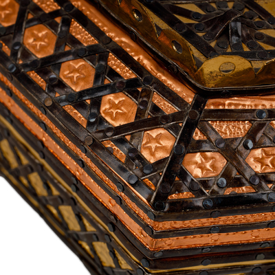 Embossed metal jewellery box, 'Exquisite Hexagon' - Handmade Wood jewellery Box with Tin aluminium & Brass Accents
