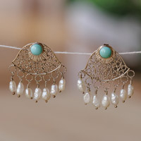 Pendientes tipo candelabro con filigrana y perlas cultivadas - Pendientes de araña de filigrana de perlas y turquesas Recon