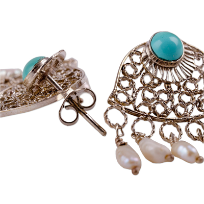 Cultured pearl filigree chandelier earrings, 'Islander Elysium' - Pearl and Recon Turquoise Filigree Chandelier Earrings