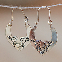 Sterling silver hoop earrings, 'Beauty at Heart' - High-Polished Romantic Floral Sterling Silver Hoop Earrings