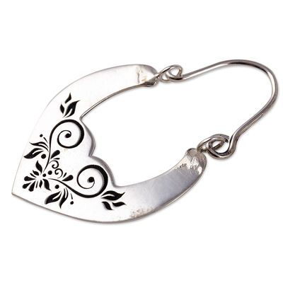 Pendientes aro plata de ley - Pendientes de aro románticos de plata de ley con diseño floral y alto pulido