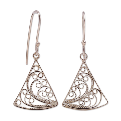 Sterling silver filigree dangle earrings, 'Fairy Flight' - Polished Triangular Sterling Silver Filigree Dangle Earrings