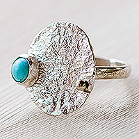 Sterling silver cocktail ring, 'Islands of Hope' - Textured and Polished Round Recon Turquoise Cocktail Ring
