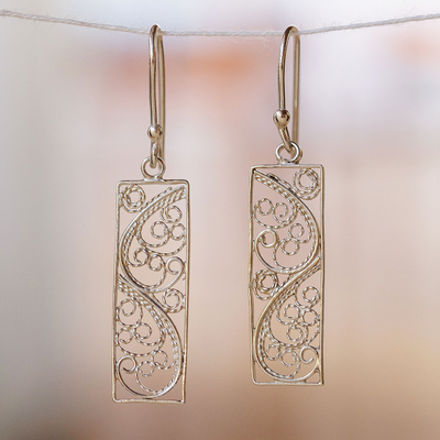 Sterling silver filigree dangle earrings, 'Enchanted Portals' - Polished Rectangle Sterling Silver Filigree Dangle Earrings