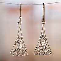 Sterling silver filigree dangle earrings, 'Fairy Flutter' - Classic Triangular Sterling Silver Filigree Dangle Earrings