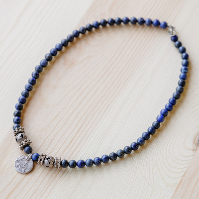Lapis lazuli beaded choker pendant necklace, 'True History' - Cultural Natural Lapis Lazuli Choker Pendant Necklace