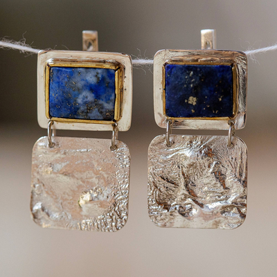 Lapis lazuli dangle earrings, 'Blue Window' - Modern Textured Natural Lapis Lazuli Dangle Earrings