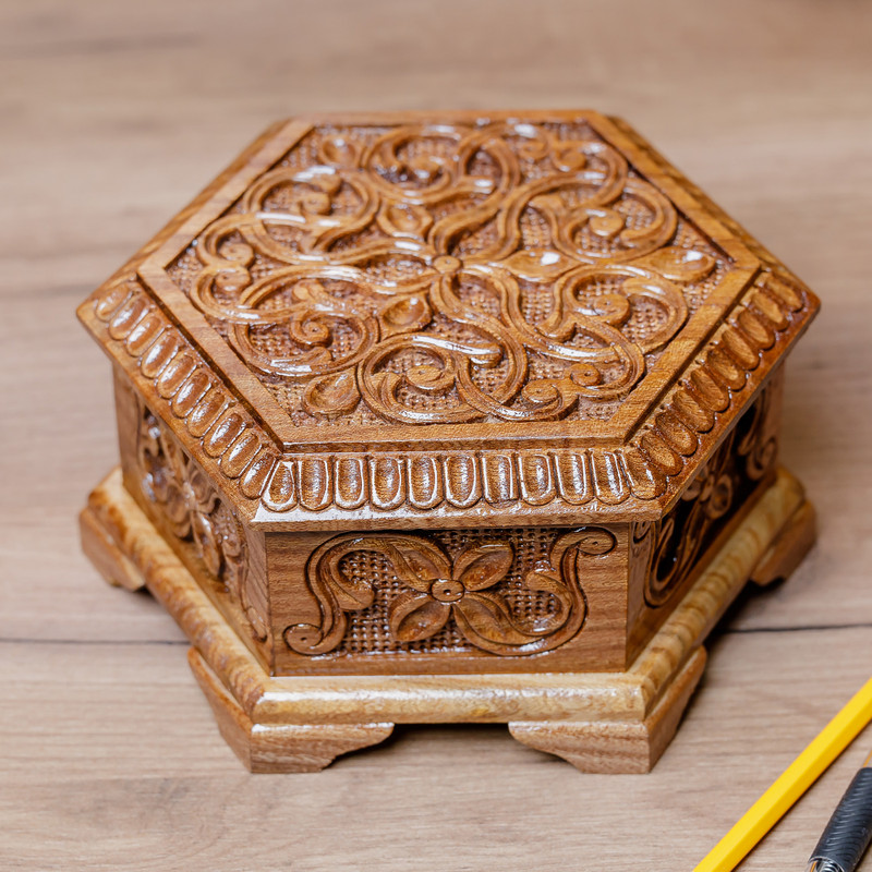 Hand-Carved Hexagonal Wood Floral and Leaf Jewelry Box - Opulent ...