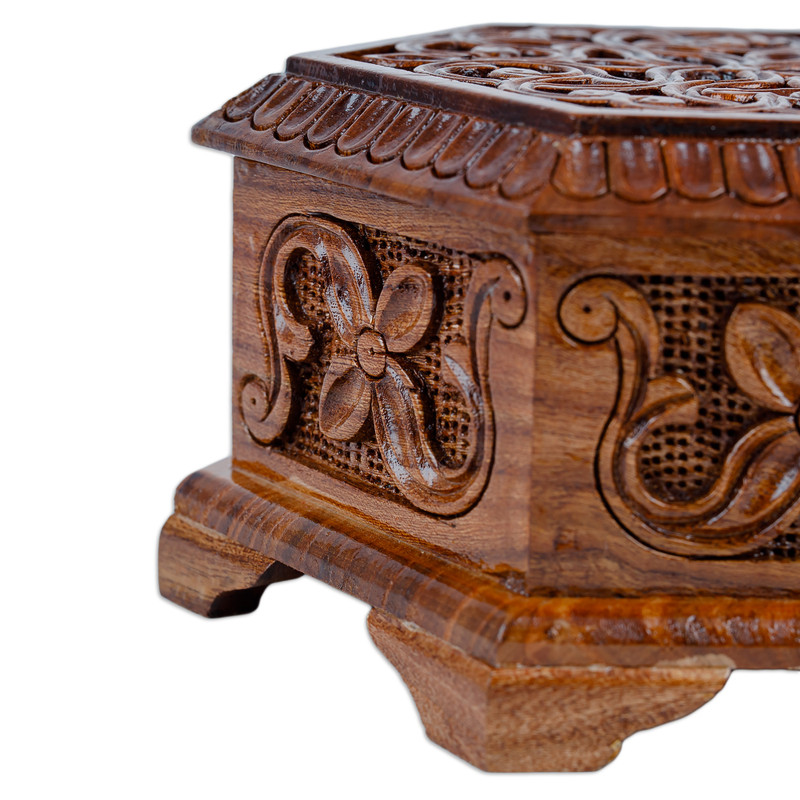 Hand-Carved Hexagonal Wood Floral and Leaf Jewelry Box - Opulent ...