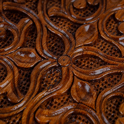 Joyero de madera - Joyero de madera hexagonal tallado a mano con flores y hojas