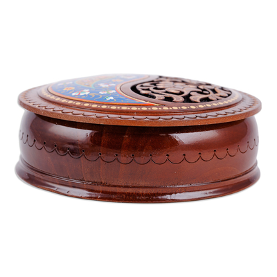 Wood jewelry box, 'Elysium Treasure in Blue' - Paisley and Floral-Themed Walnut Wood Jewelry Box in Blue