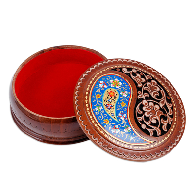 Wood jewellery box, 'Elysium Treasure in Blue' - Paisley and Floral-Themed Walnut Wood jewellery Box in Blue