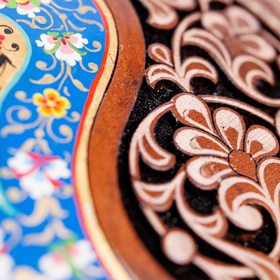 Wood jewellery box, 'Elysium Treasure in Blue' - Paisley and Floral-Themed Walnut Wood jewellery Box in Blue