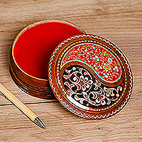 Wood jewelry box, 'Elysium Treasure in Red' - Paisley and Floral-Themed Walnut Wood Jewelry Box in Red