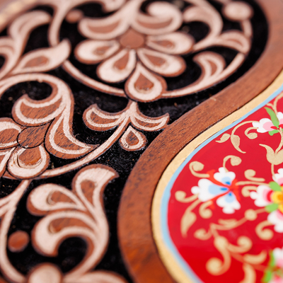 Wood jewellery box, 'Elysium Treasure in Red' - Paisley and Floral-Themed Walnut Wood jewellery Box in Red