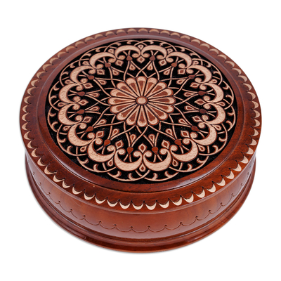 Wood jewellery box, 'Palace's Dream' - Hand-Carved Floral Walnut Wood jewellery Box from Uzbekistan