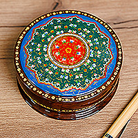 Wood jewelry box, 'Classic Arcadia' - Hand-Painted Round Classic Floral Walnut Wood Jewelry Box