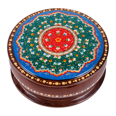 Wood jewellery box, 'Classic Arcadia' - Hand-Painted Round Classic Floral Walnut Wood jewellery Box