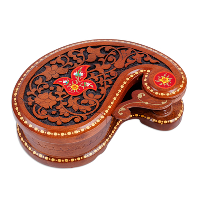 Wood puzzle box, 'Paisley & Passion' - Paisley-Shaped Walnut Wood Puzzle Box with Floral Details