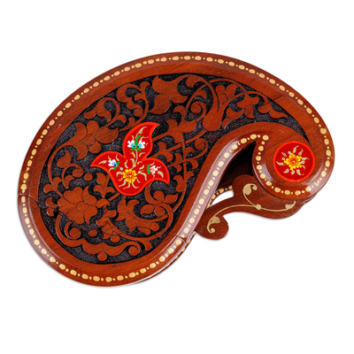 Wood puzzle box, 'Paisley & Passion' - Paisley-Shaped Walnut Wood Puzzle Box with Floral Details