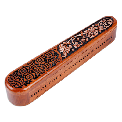 Wood puzzle box, 'Noble Spring' - Floral Hand-Carved Oblong Walnut Wood Puzzle Box in Brown