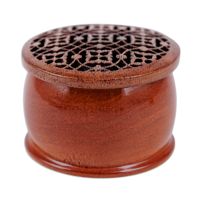 Wood ring box, 'Palace's Essence' - Traditional Floral-Patterned Mini Walnut Wood Ring Box