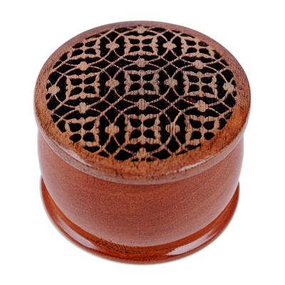 Wood ring box, 'Palace's Essence' - Traditional Floral-Patterned Mini Walnut Wood Ring Box