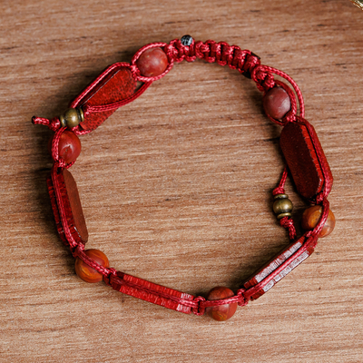 Jasper beaded macrame bracelet, 'Fire Energies' - Red Jasper and Wood Beaded Macrame Bracelet