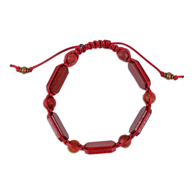 Jasper beaded macrame bracelet, 'Fire Energies' - Red Jasper and Wood Beaded Macrame Bracelet