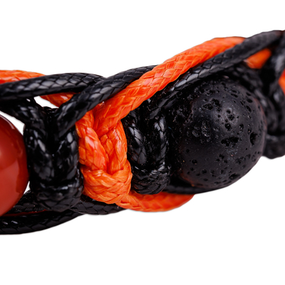 Carnelian beaded macrame bracelet, 'Oranges Calls' - Orange and Black Nylon Macrame Bracelet with Carnelian Gems