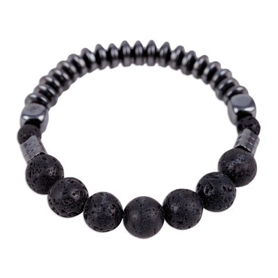 Hematite and vulcanite beaded stretch bracelet, 'Night Worlds' - Black Hematite and Vulcanite Beaded Stretch Bracelet
