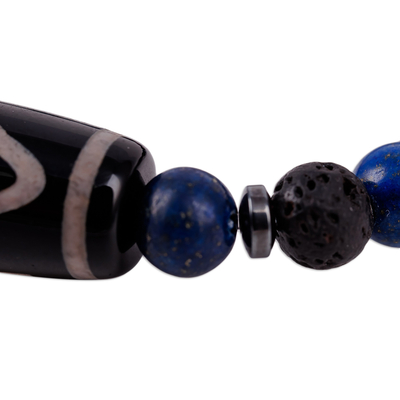 Multi-gemstone beaded stretch bracelet, 'Blue Fate' - Multi-Gemstone Beaded Dzi Pendant Bracelet in Blue