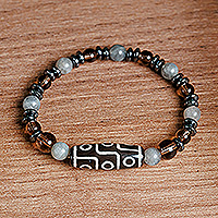 Multi-gemstone beaded stretch bracelet, 'Grey Fate' - Multi-Gemstone Beaded Dzi Pendant Bracelet in Grey