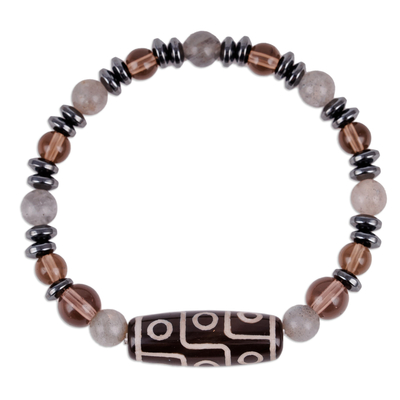 Multi-gemstone beaded stretch bracelet, 'Grey Fate' - Multi-Gemstone Beaded Dzi Pendant Bracelet in Grey