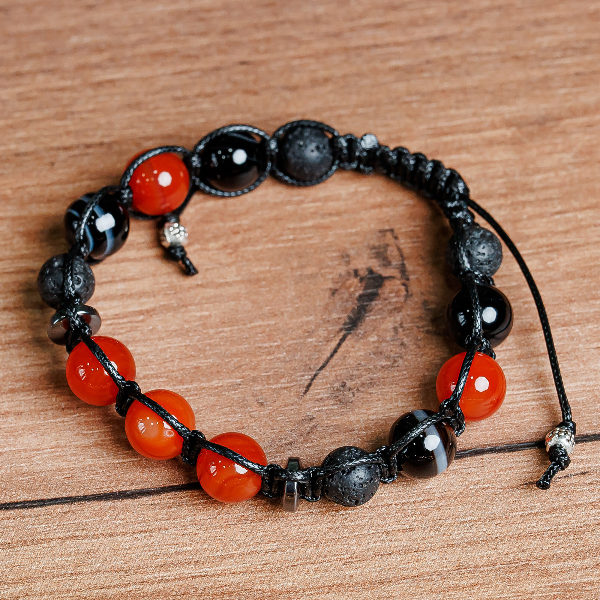 Kolbeinn - 8mm - Black Lava Stone Beaded Stretchy Bracelet with Gun Black Leopard & Faceted Red Imitation Coral Beads