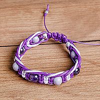 Amethyst beaded macrame bracelet, 'Purple Calls' - Purple and White Nylon Macrame Bracelet with Amethyst Gems