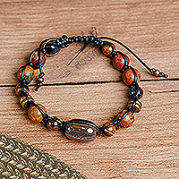 Multi-Edelstein-Perlen-Makramee-Armband, „Weaving Courage“ – Multi-Edelstein-Makramee-Armband aus schwarzem, gewachstem Nylon