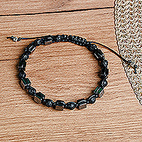 Hematite and obsidian beaded bracelet, 'Bold Mysticism' - Handcrafted Dark Hematite and Obsidian Macrame Bracelet
