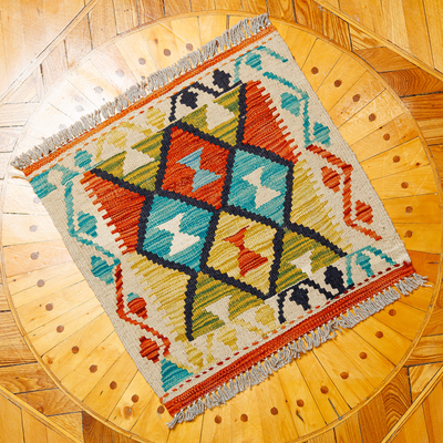 Wool area rug, 'Delightful Flair' (1.5x1.5) - 1.5x1.5 Uzbek Hand-Knotted Rhombus-Themed Wool Area Rug