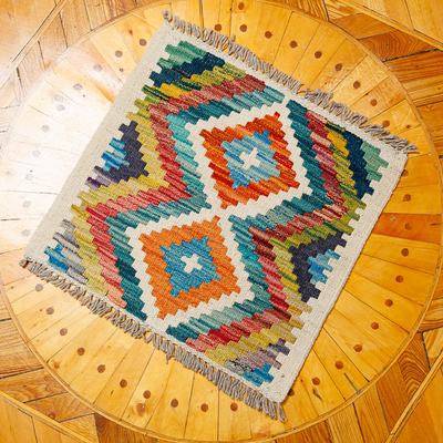 Alfombra de lana, (1,5x1,5) - Alfombra uzbeka de lana con temática geométrica anudada a mano de 1,5x1,5