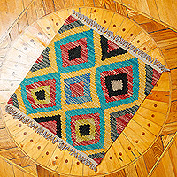 Wool area rug, 'Geometric Splendor' (1.5x1.5) - 1.5x1.5 Hand-Knotted Rhombus-Themed Fringed Wool Area Rug