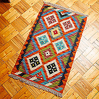 Wool area rug, 'colourful Rhombuses' (2x3) - Uzbek Hand-Knotted Rhombus-Themed Wool Area Rug (2x3)