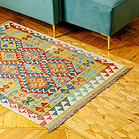 Wool area rug, 'Stylish Patterns' (3x5) - 3x5 Rhombus-Themed Wool Area Rug Hand-Knotted in Uzbekistan