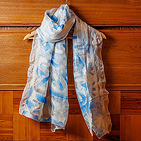 Wool felted silk scarf, 'From Heaven' - Abstract Soft White Silk Scarf with Blue Wool Felt Accents
