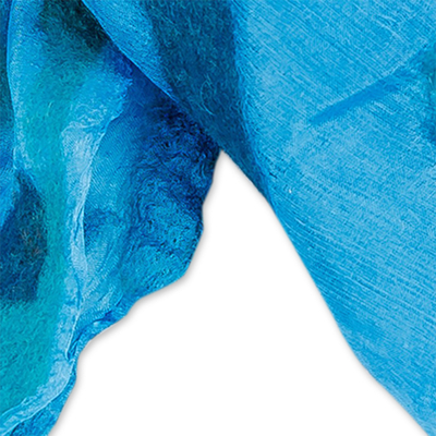 Wool felted silk scarf, 'From the Sea' - Abstract Soft Silk Scarf with Felt Accents in Blue Hues