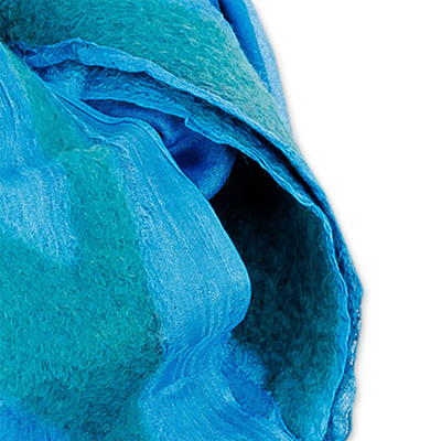 Wool felted silk scarf, 'From the Sea' - Abstract Soft Silk Scarf with Felt Accents in Blue Hues
