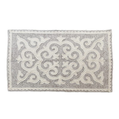 Wool area rug, 'The Ethereal Palace' (4x6) - Classic Wool Shyrdak Area Rug in Grey and White (4x6)