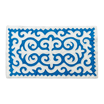 Wollteppich, (2,5x5) - Klassischer Teppich aus Shyrdak-Wolle in Blau und Weiß (2,5 x 5)